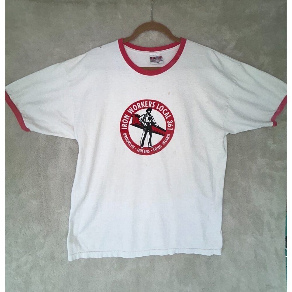 Iron Workers White Ringer T-Shirt Brooklyn Queens L.U. 361  Mens X-Large NOTE